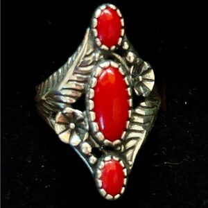 Carolyn Pollack Sterling Silver Red Jasper Ring Size 6.5 Signed Feathers Flowers